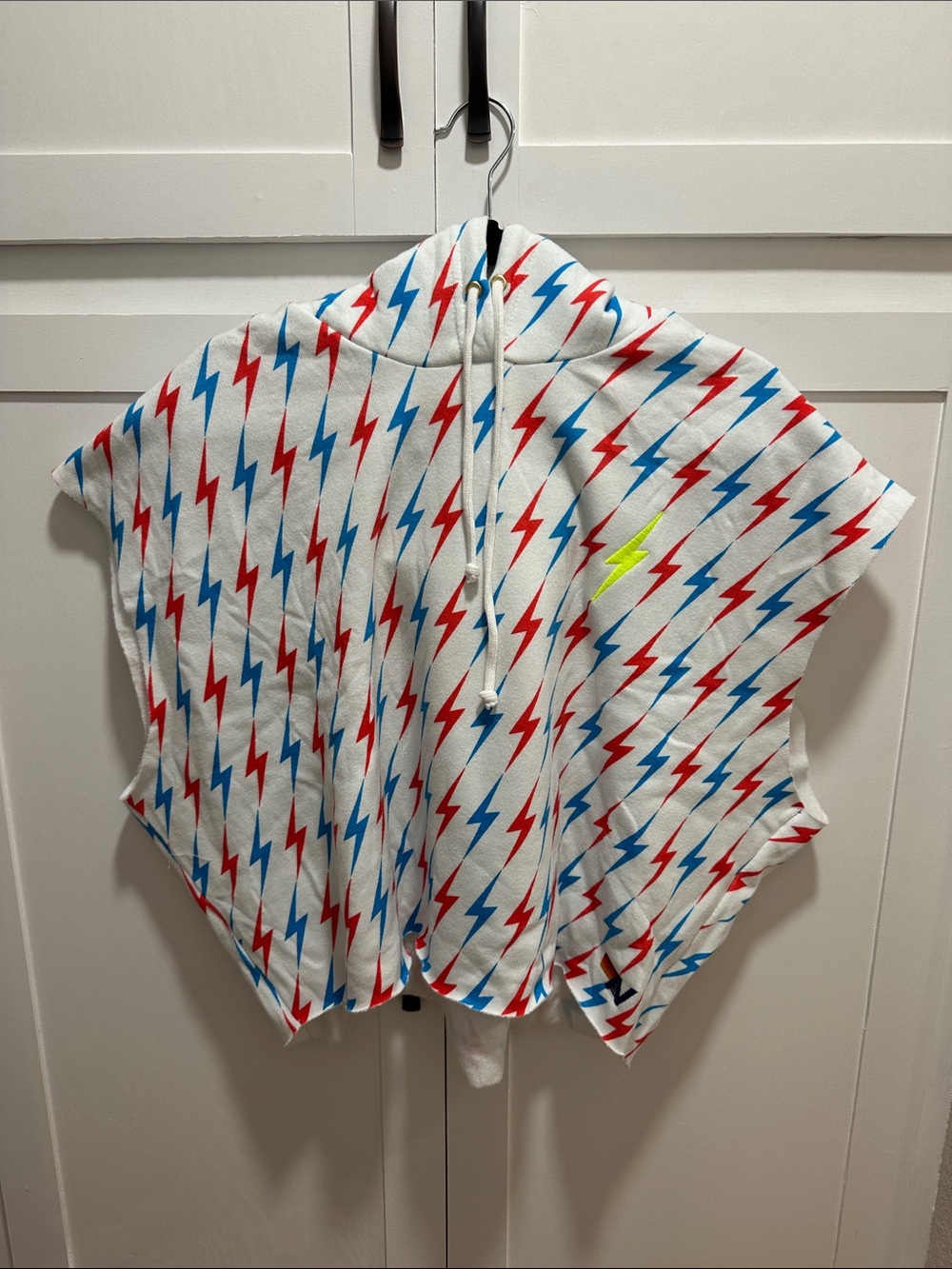 Aviator Nation White Hooded Poncho with Red & Blue Lightning Bolts